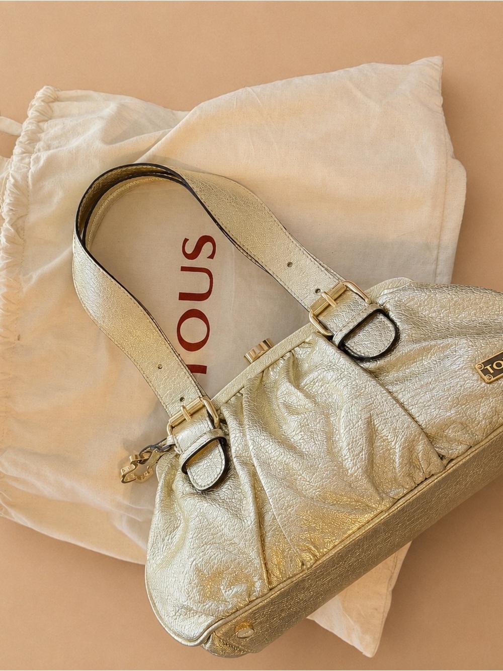 Tous Metallic Gold Leather Shoulder Bag with Buckle Straps